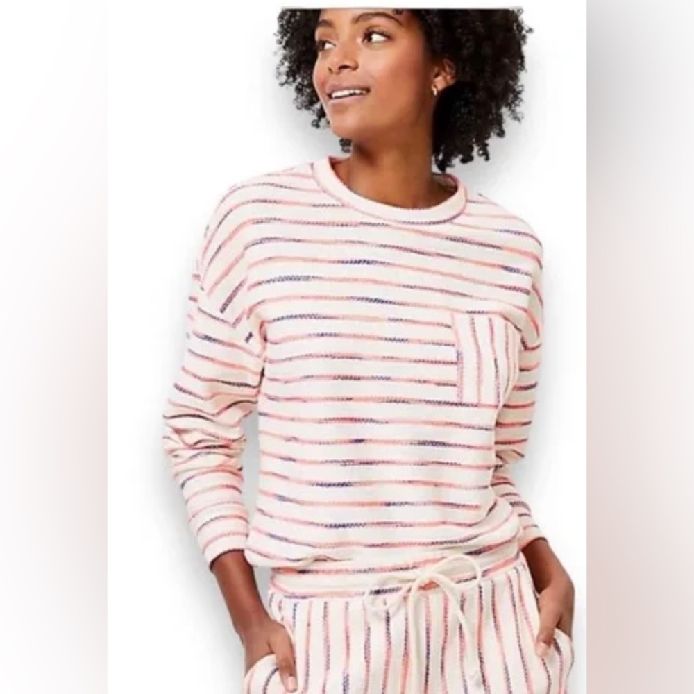 Lou & Grey Loft Striped Terry Pocket Top Shirt Small Textured Sweatshirt EUC
